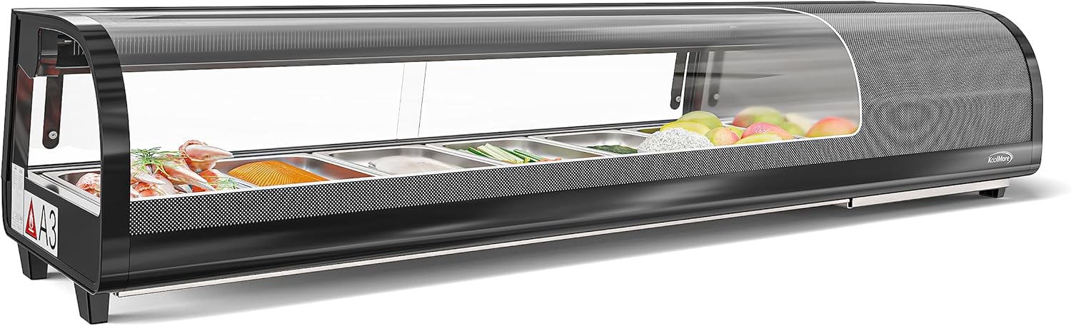 KoolMore 60 in. Glass Sushi Display Case Refrigerator ETL Listed with Stainless Steel Trays, Countertop Storage with Rear Access, Temperature Control, and LED Lighting in Black (KM-SR60-BK)