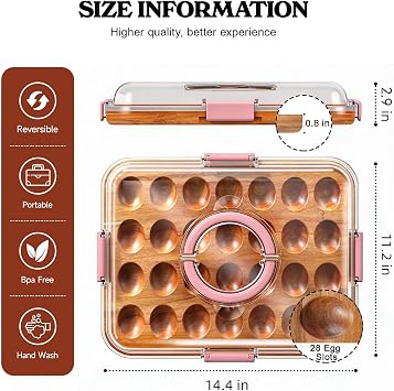 Renmxj Deviled Egg Containers with Lid, 28 Holes Reversible Acacia Wooden Deviled Egg Platter, Lid Dishwasher Safe Egg Tray, Ideal Gift for Women Kitchen & Party (Pink)