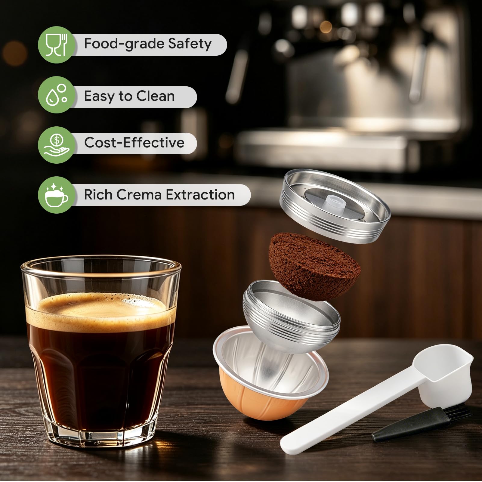 Nespresso Vertuo Pods versión actualizada para cafetera Vertuo Next para hacer café crema de 230 ml, cápsulas reutilizables de acero inoxidable para Vertuo Next, 2 cápsulas 1 manipulador