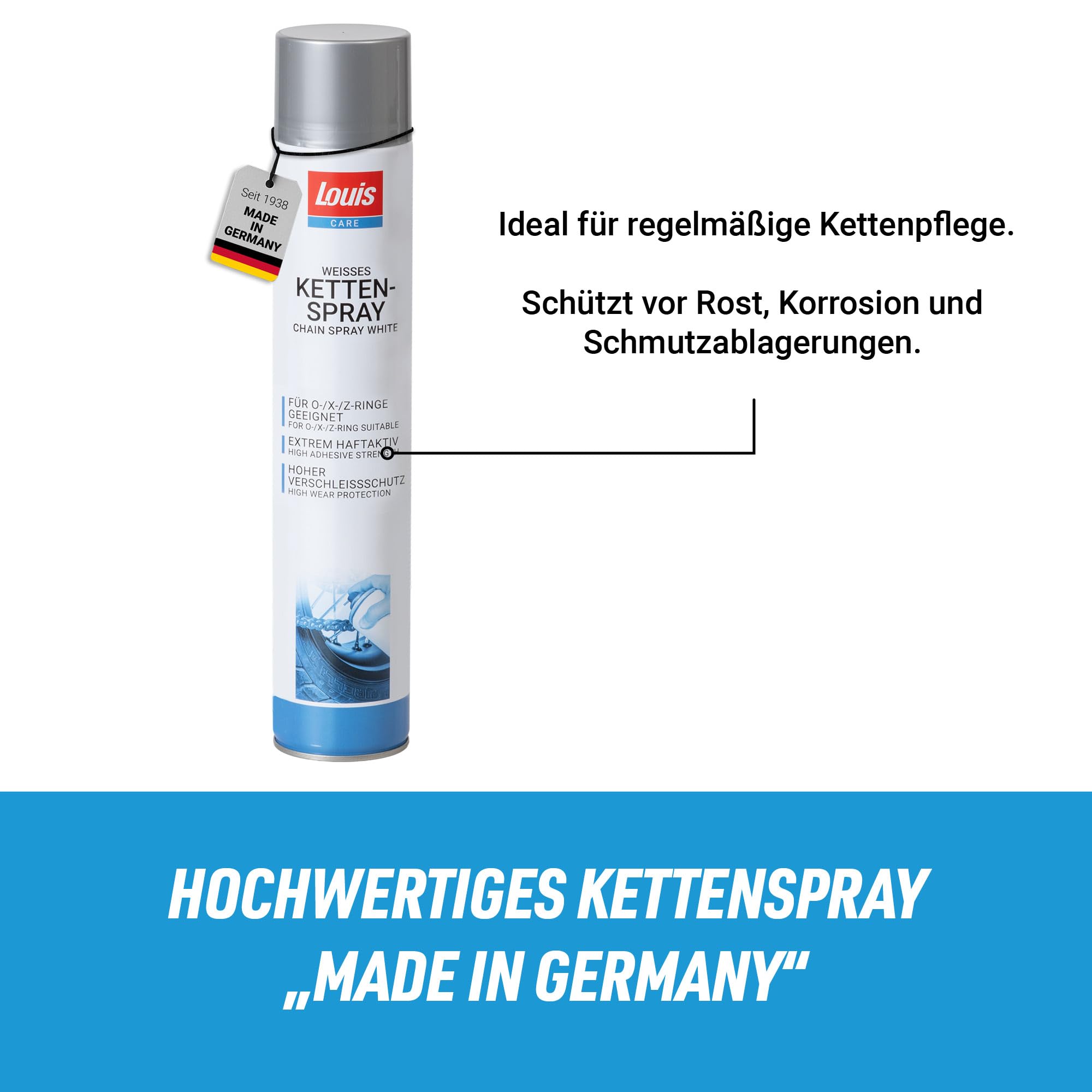 Louis Care Kettenspray Weiß 750ml – Hochwertiges Kettenfett für Motorrad und Fahrrad, Schmiermittel für Kette und Kettenpflege, Weißes Spray mit Starker Haftung, Schutz vor Verschleiß und Korrosion