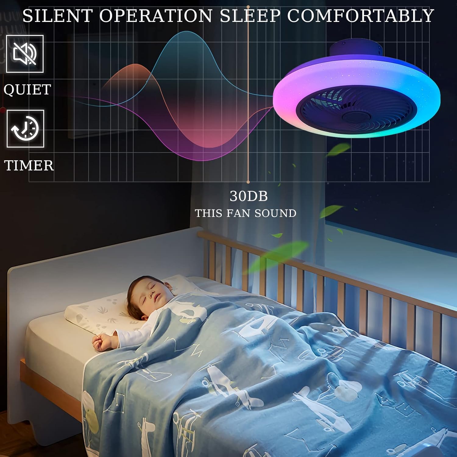 YUEGOO Ceiling Fans with Lamps,Modern Round Silent Ceiling Fans with Lights Reversible 6 Speed Timer Kids Ceiling Fan Light Winter/Summer Mode for Living Room Bedroom/White/B