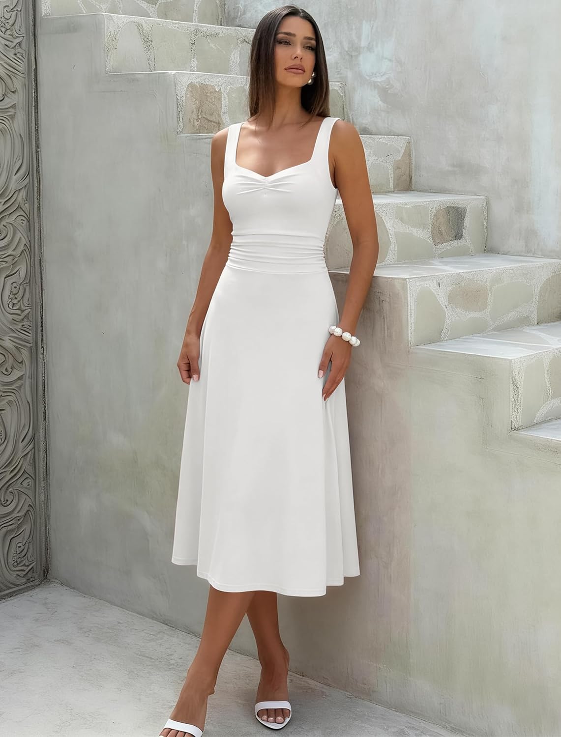 IWD Women's Square Neck A Line Midi Dress Ruched Waist Corset Flowy Elegant Wedding Guest Long Dresses