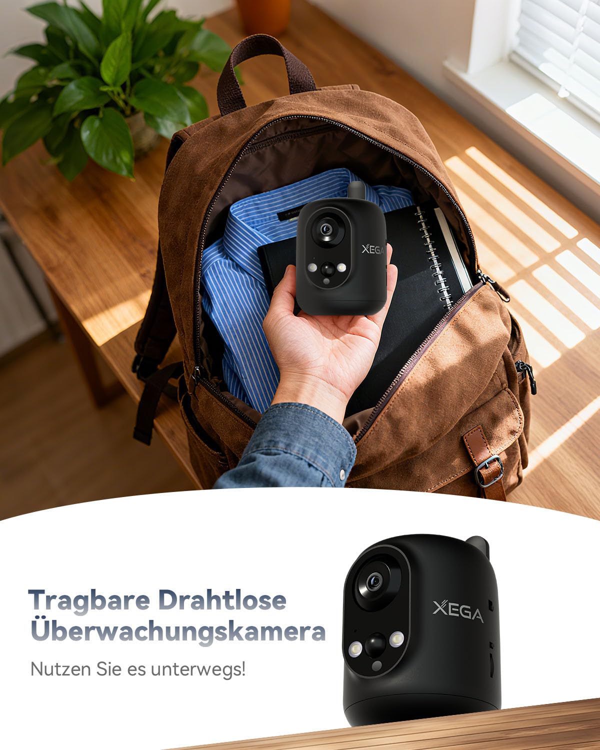 Xega 4G LTE Überwachungskamera Innen mit SIM Karte Ohne WLAN, 2K Kabellose Kamera für Babys/Haustiere/Senioren, 355°P/60°T, 6000mAh Akku, Farb-Nachtsicht, PIR Kennung, TF/Cloud, Nicht Wasserfest