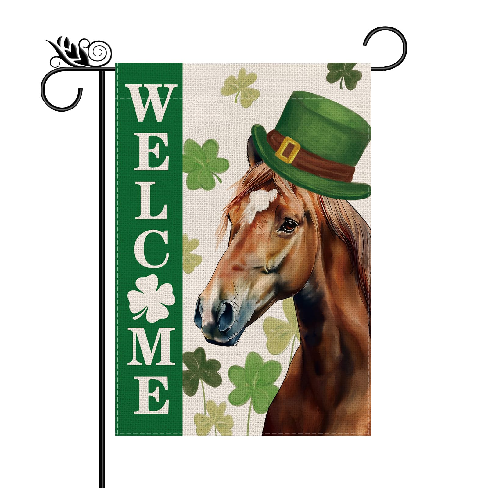St Patricks Day Garden Flag Welcome Horse Shamrocks Clovers For Animals Lovers Vertical Double Sided Holiday Outdoor Yard Decor 12.5 x 18 Inch