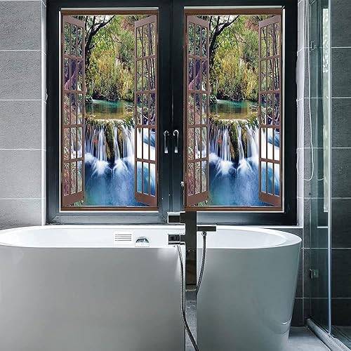 Vista 131 de Tropic - Película 3D para ventana, palmeras tropicales oceánicas en isla soleada, imagen panorámica, para puerta de cristal, baño, sala de estar