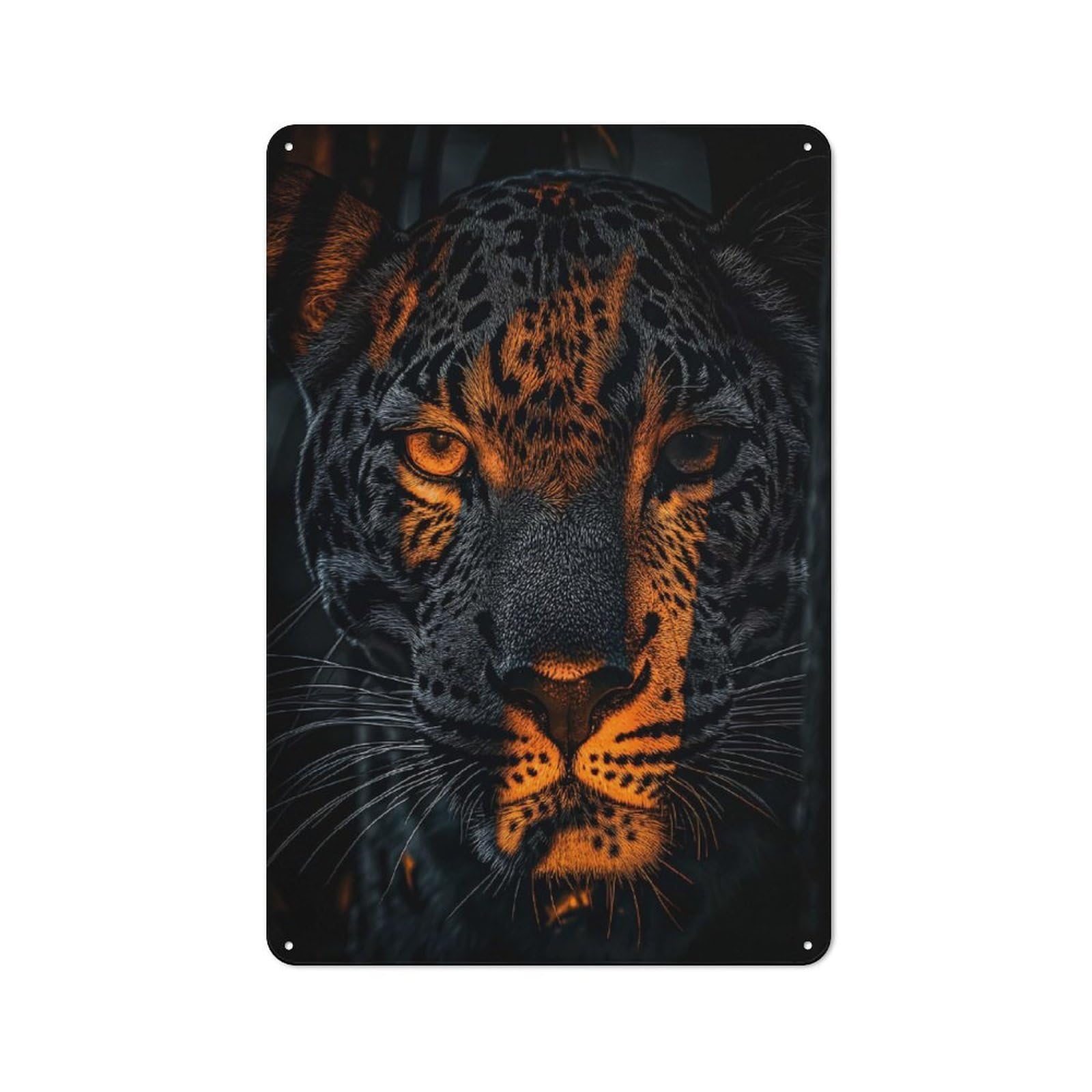 Vintage Metal Sign 30x20cm Featuring Dramatic Leopard Portrait with Orange Highlights, Home Bar Decor for Cafe, Pub, Workshop Or Home Bar