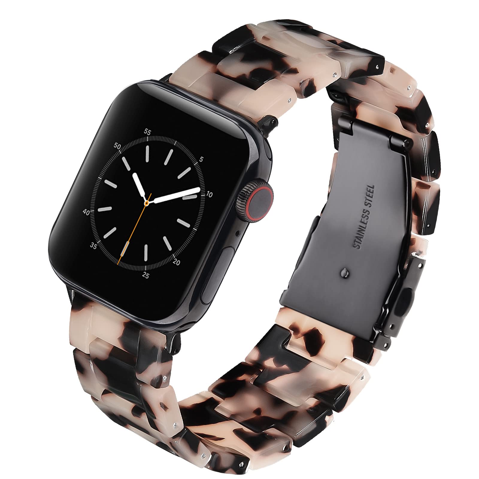V.R.HOPE Resin Stretchy Compatible with Apple Watch Band 38mm 40mm 41mm 42mm 44mm 45mm for Women, Tortoise Stainless Steel Metal Buckle Wristband Bracelet Strap for iWatch Series 9 8 7 6 5 4 3 2 1 SE