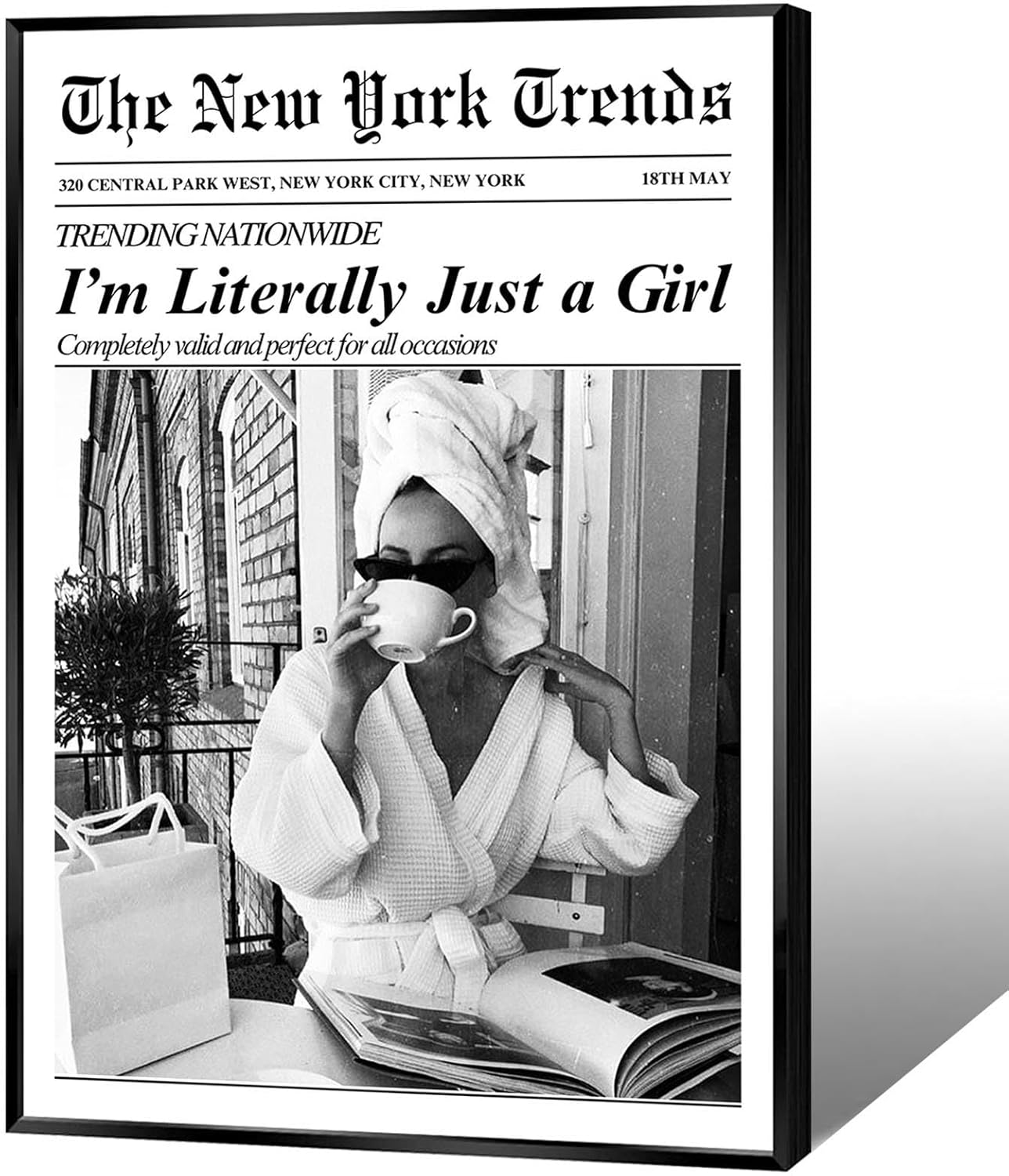 Vintage Black White Newspaper Wall Art I'M Literally Just A Girl Poster Feminist Shopping Girl Canvas Print Wall Decor For Dorm Room Bedroom Bathroom 12X18 in Wrapped Framed Ready To Hang