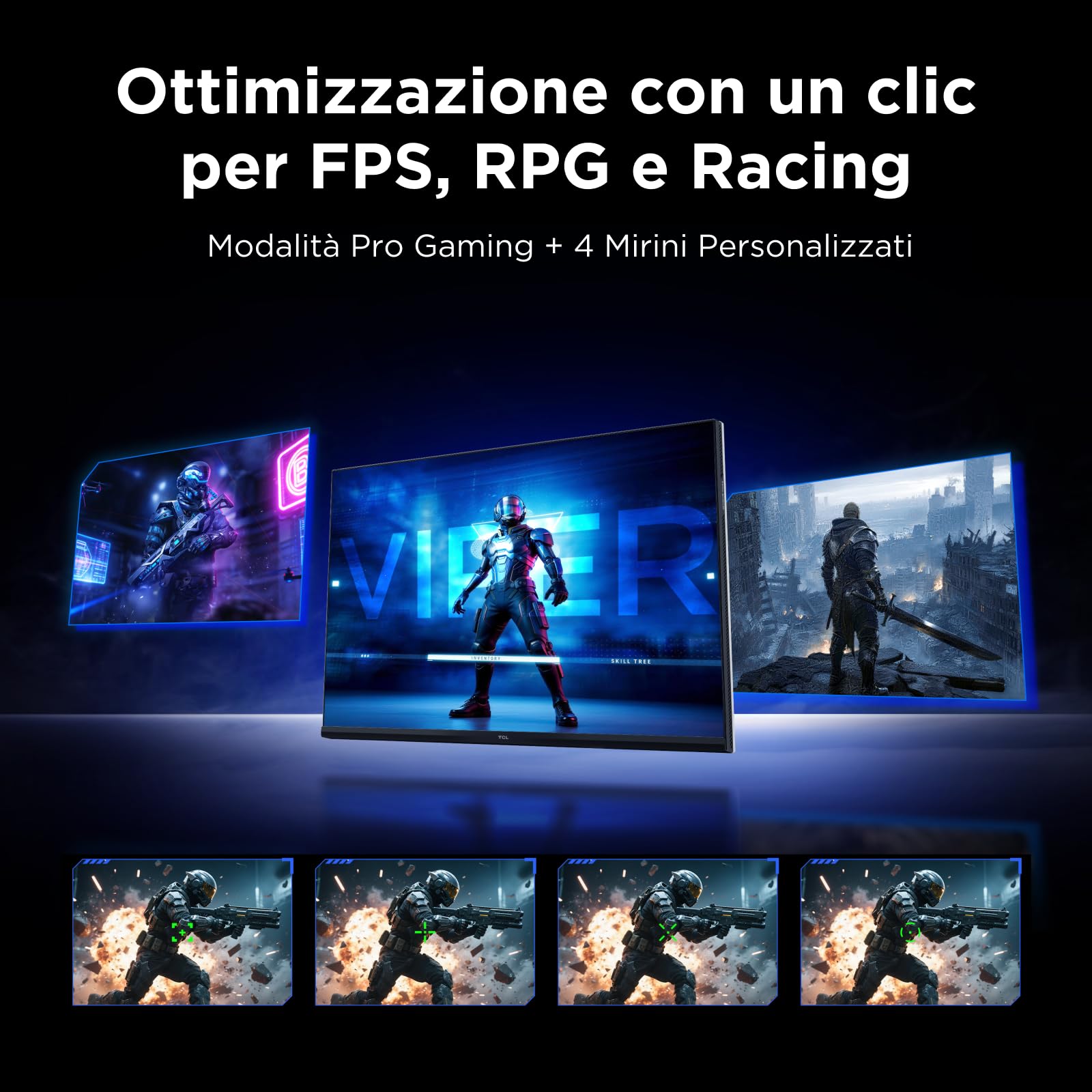 TCL 27G64 Gaming Monitor LED QD Mini da 27 polliciitem namerisoluzione QHD,180 Hz,parnello Fast HVA,HDR 600 nit, tempo dirisposta GTG di 1ms, compatibilità AMD Freesymc, G-Sync
