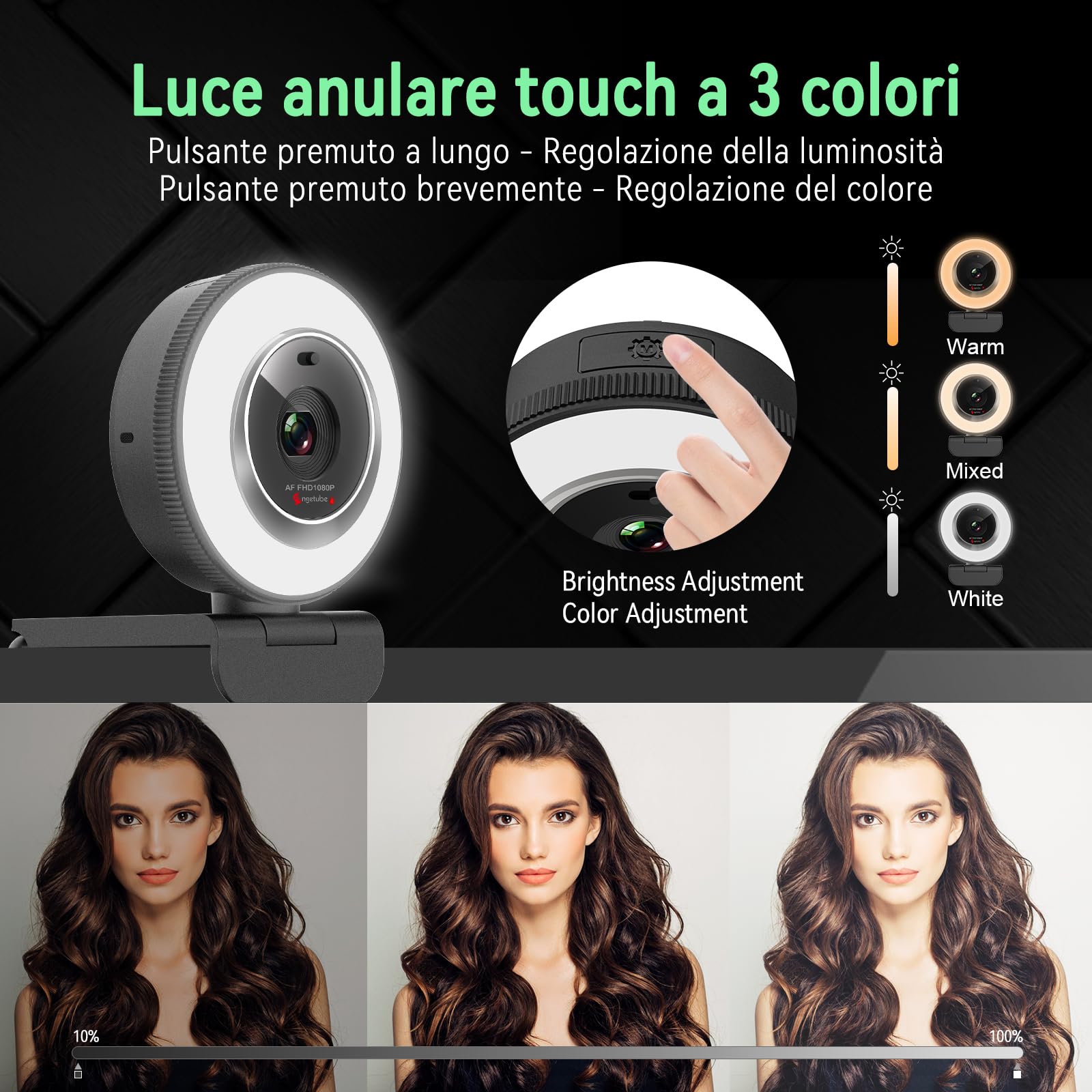 Angetube Webcam per PC, fotocamera USB 1080P/30fps con luce ad anello, Copertura Privacy, Autofocus, Microfono, Plug & Play Web Cam Per Zoom/Teams/YouTube, Laptop & Desktop