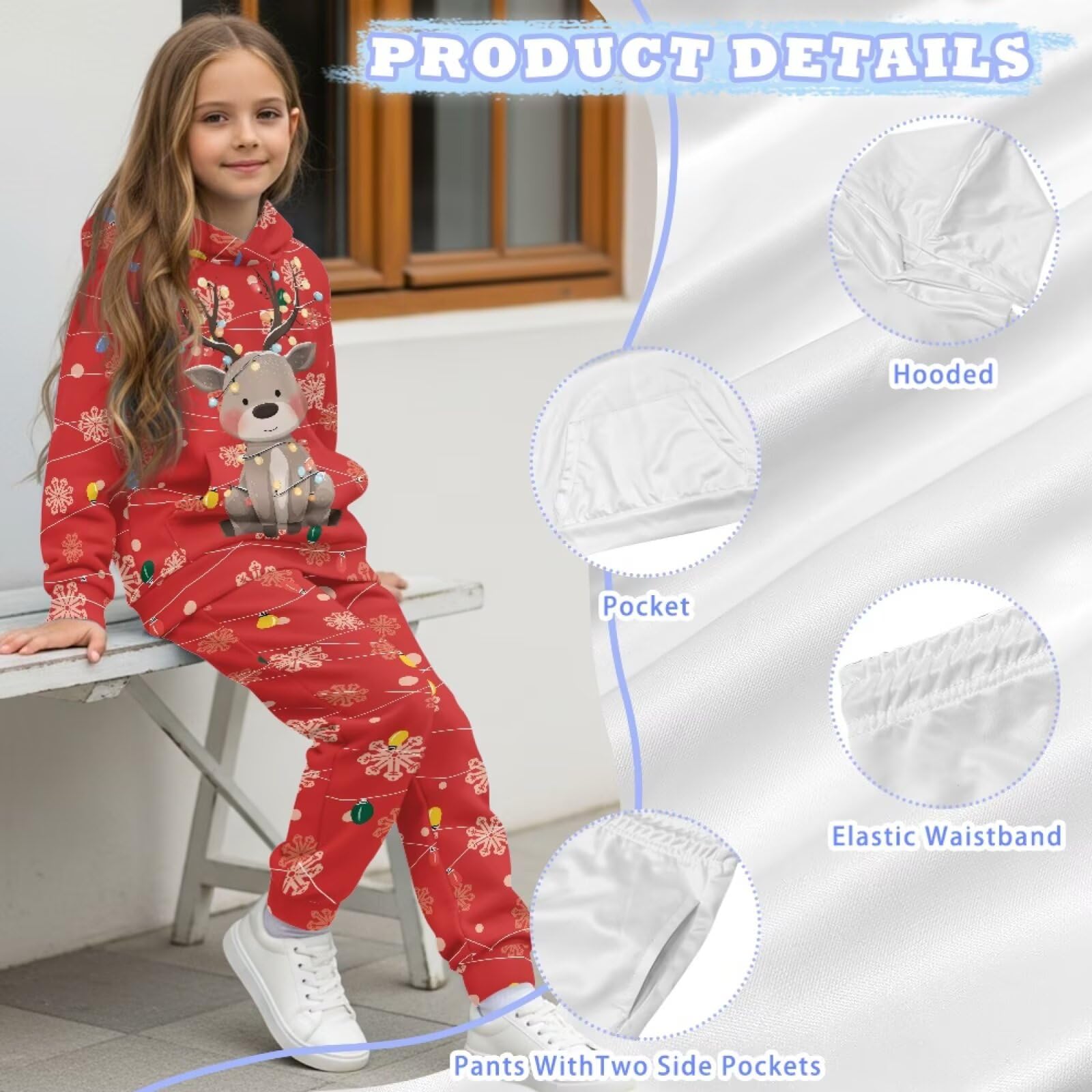 Bożonarodzeniowy jeleń chłopcy bluza z kapturem zestawy spodni 2-częściowy dziewczęcy dres, nadruk 3D, bluza z kapturem, zestaw dresowy, graficzny zestaw z kapturem dla nastolatek