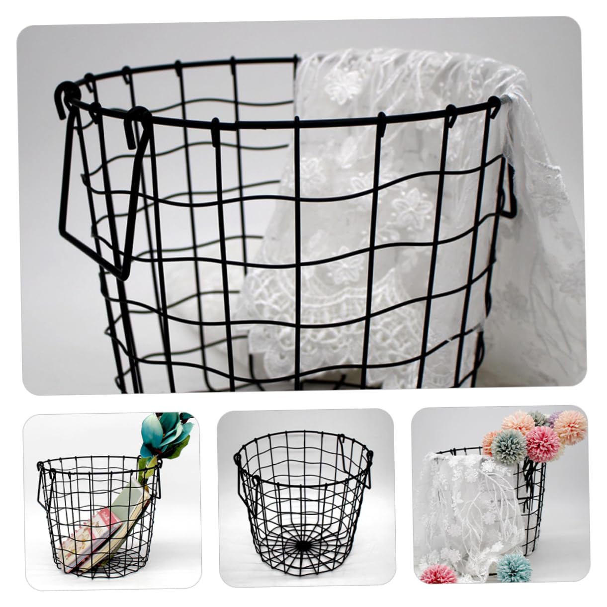 Cesta de Metal para Guardar Ropa Asas, Negra para Dormitorio