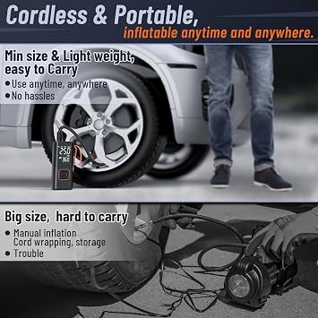 Tyre Inflator Portable Air Compressor, 150PSI Car Tyre Pump 7500mAh 5 Modes Auto Shut-Off Autopump w/ 5 Nozzles Flashlight Cordless Inflators Car Accessories for Car, Bike, Ball, Motorcycle