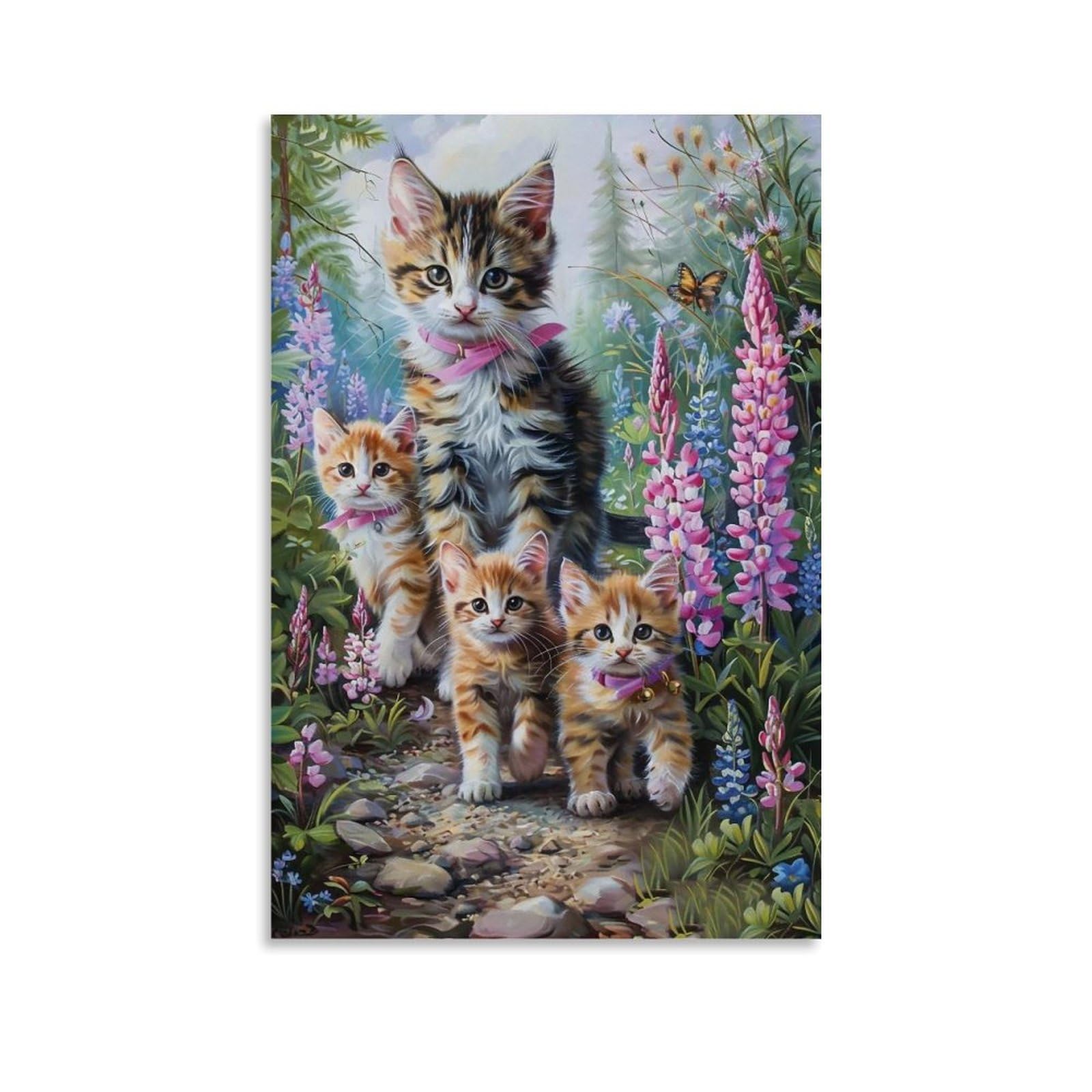 WHOUHJYE Forest Cat Family 04 Poster Wall Art Canvas Vintage Aesthetic Painting Decor for Rooms 24x36inch Unframe-style