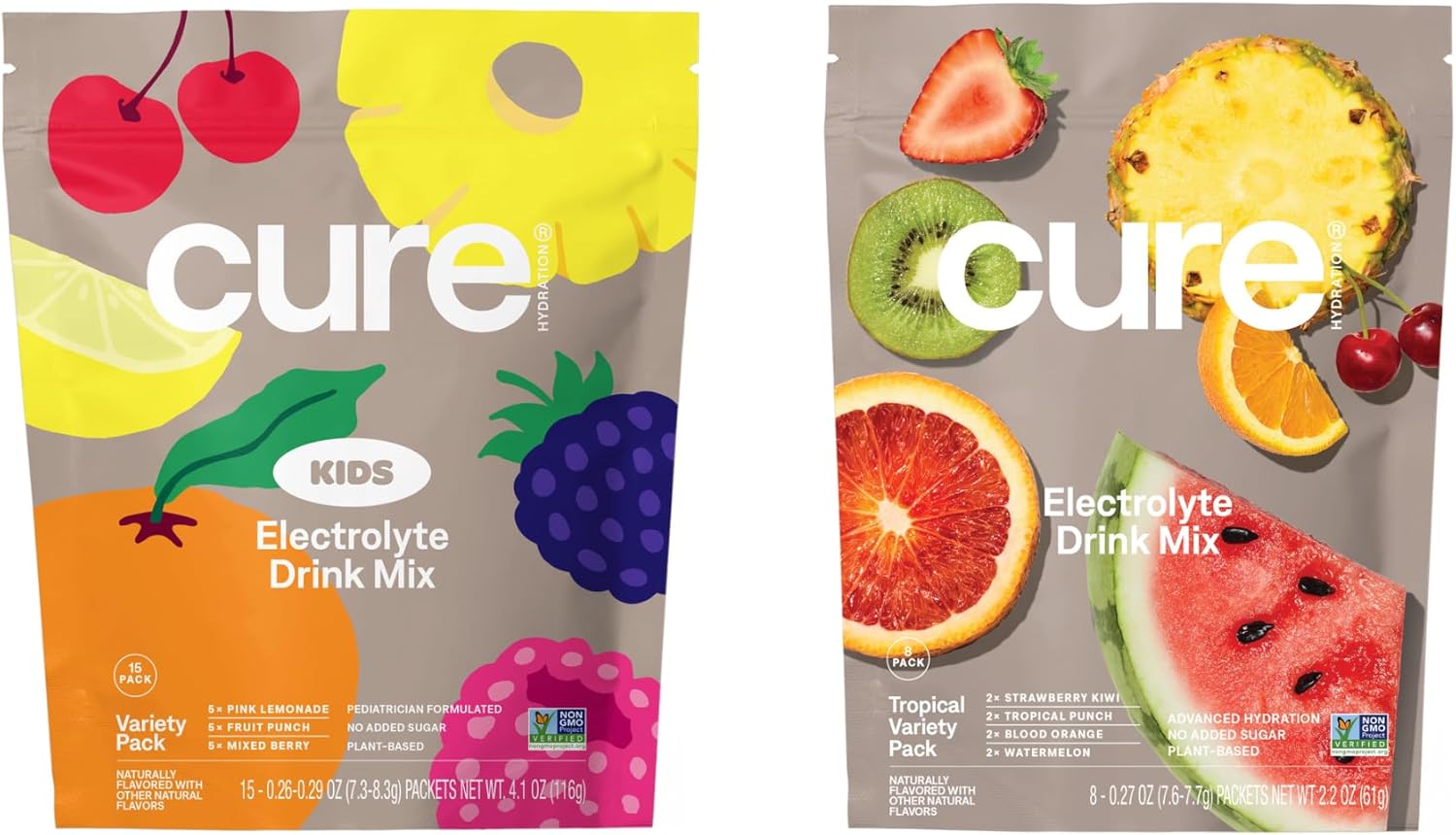 Cure Hydration Family Bundle | Plant-Based Electrolyte Drink Mix | No Added Sugar | Coconut Water | FSA-HSA | Non-GMO | Vegan & Gluten-Free | 15 Pack Kids Variety & 8 Pack Tropical Variety