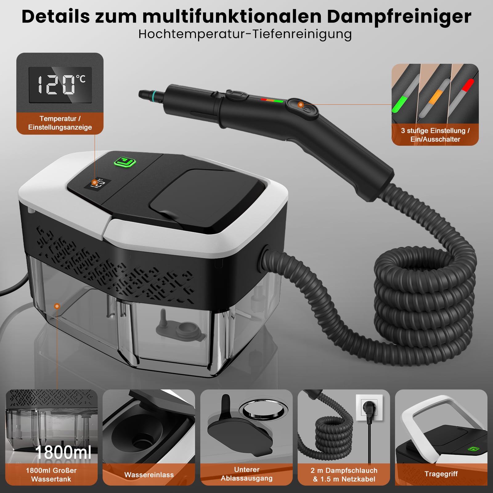 14 in 1 Dampfreiniger, 3 Stufig Einstellbarer Griff, Temperaturanzeige, 15 Sekunden Aufheizzeit, 1,8 L Wassertank, für Küche, Bad, Auto und Möbel (Schwarzweiß)