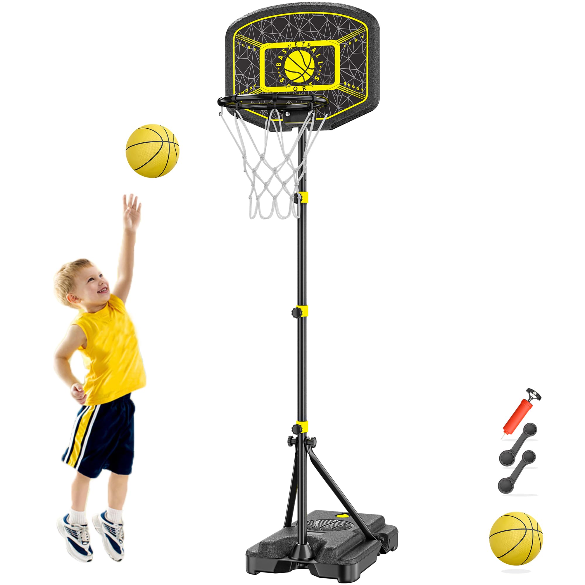 GILIKOKO Cestino da basket con supporto, 110-190 cm, regolabile in altezza, per esterni e interni, per bambini