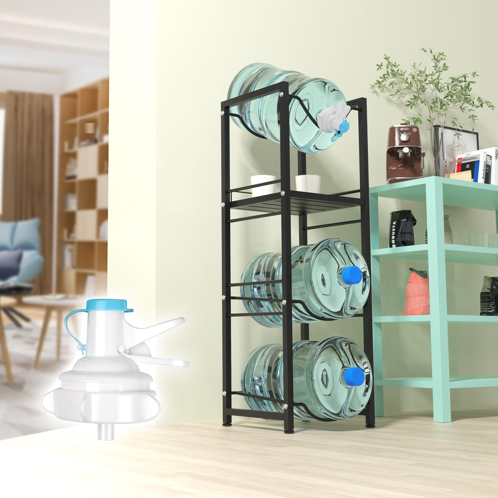 AMZCOM 5 Gallon Water Jug Holder Stand, 3-Tier Water Bottle Rack with Storage Shelves, Heavy-Duty Dispenser for Kitchen, Office, Garage – Includes