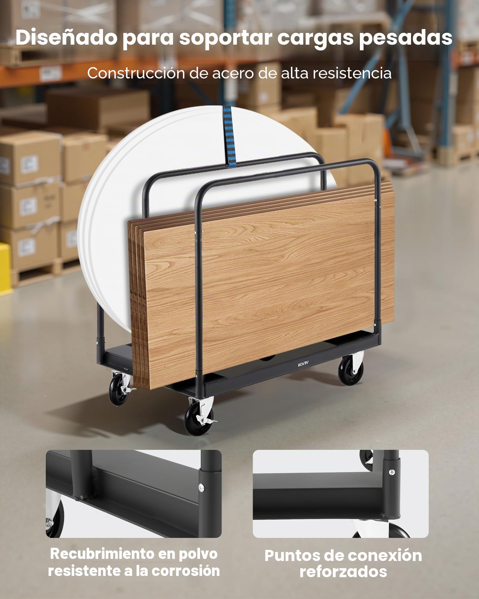 VEVOR Carro Portaplatos Carga 816 kg, con Ruedas Giratorias de 360°, Correa de Amarre y 3 Pasamanos Laterales, Rodillo para Platos, para Fábricas, Almacenes y Garajes, Negro, 955 x 610 x 935 mm