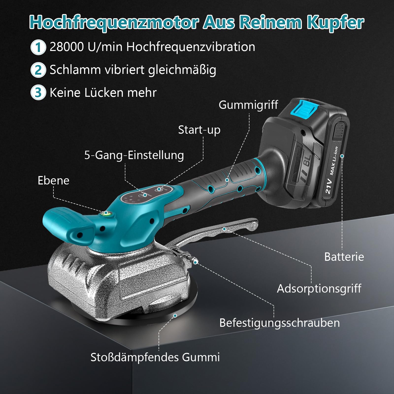 Fliesenrüttler, Fliesenleger Maschine mit 2 21V Akku, kabelloses Vibrationsgerät für Bodenfliesen
