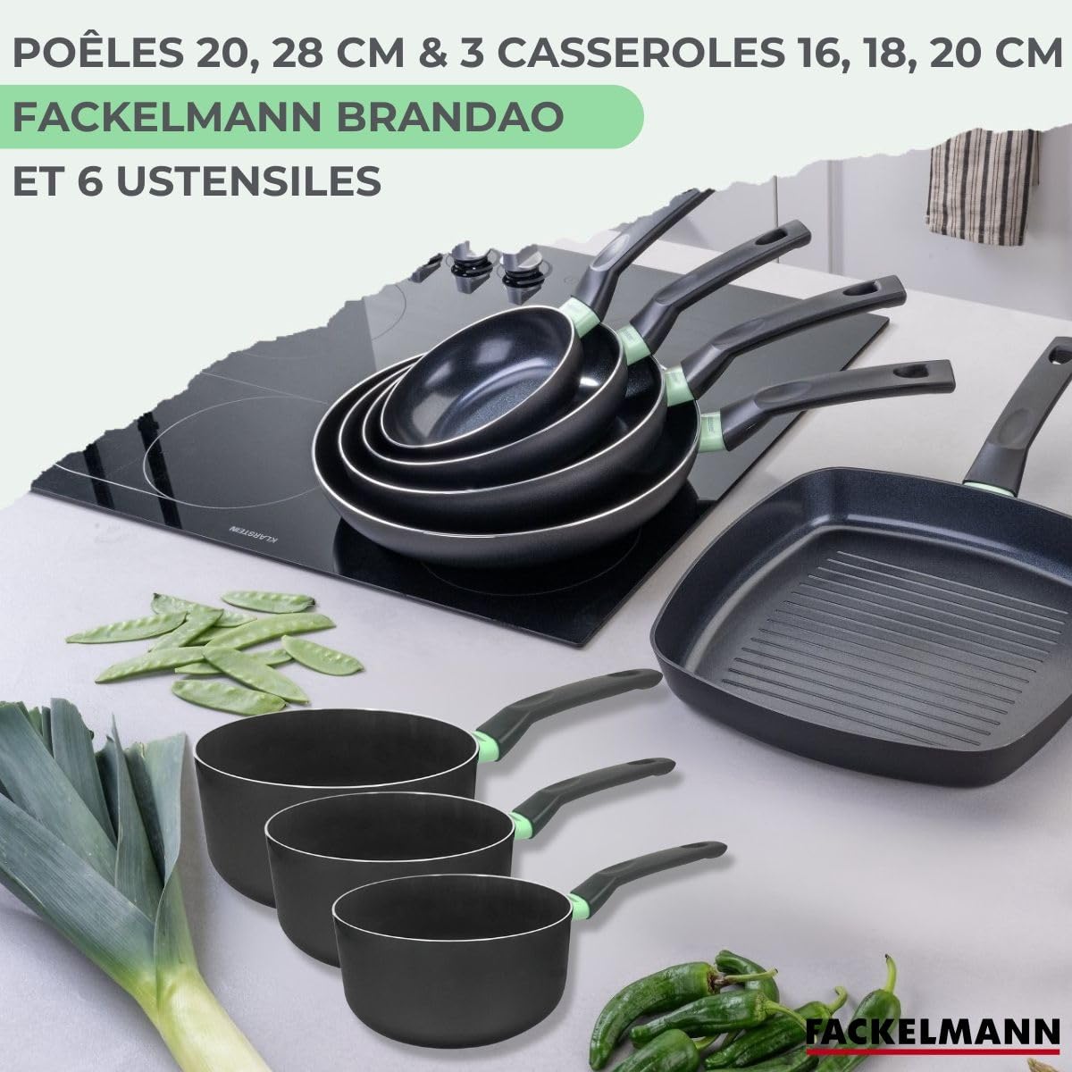 Fackelmann 9433050 Zestaw 2 patelni 24 i 28 cm, 3 garnki 16-20 cm i 6 naczyń, patelnia nieprzywierająca, bez PFAS, powłoka ceramiczna, wszystkie palniki, indukcyjne, aluminium, RPET, czarny, zielony