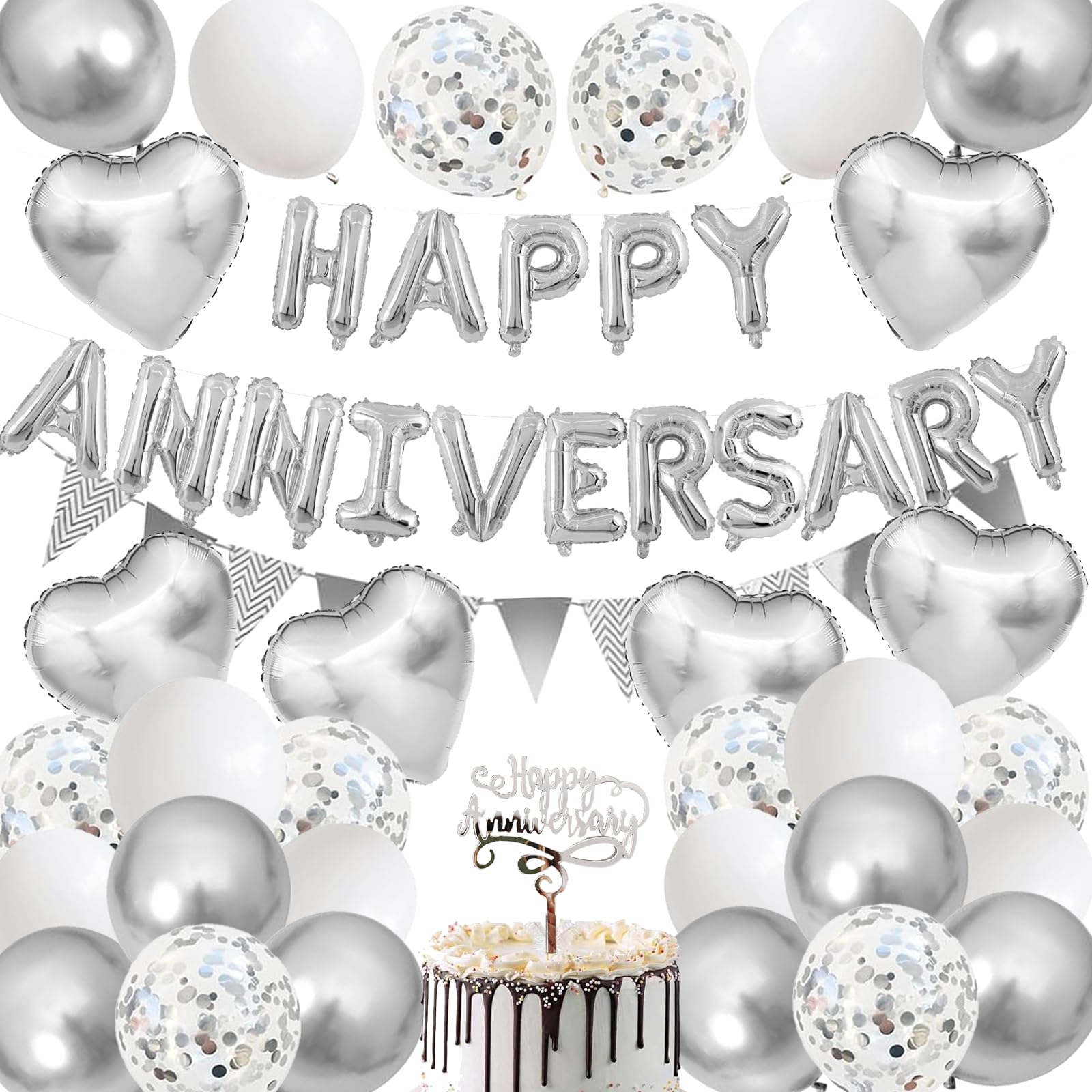 Happy Anniversary Decorations, 48Pcs Silver Romantic Wedding Decoration Set including Heart Foil Balloon
