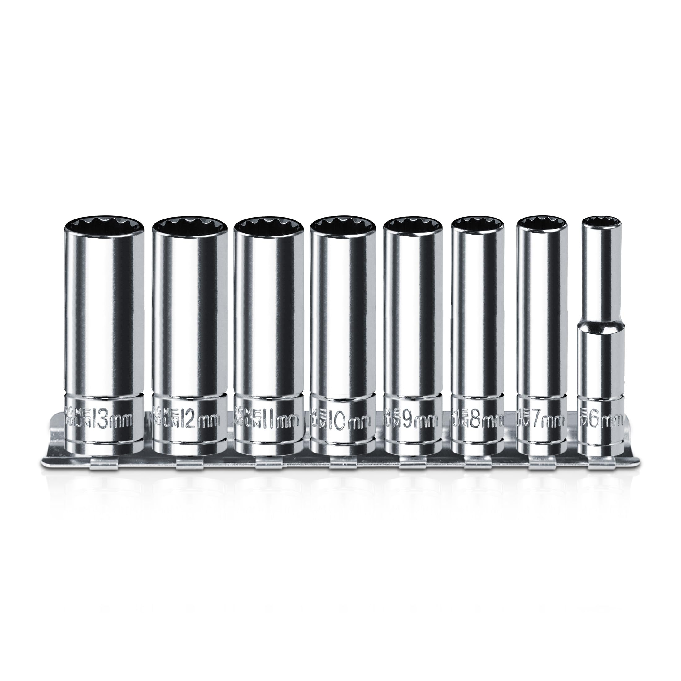 1/4 Inch Drive Socket Set - 8 Piece Metric 12-Point Deep Socket Set (6mm, 7mm, 8mm, 9mm, 10mm, 11mm, 12mm, 13mm)- Cr-V Steel with Sturdy Holder - 50BV30