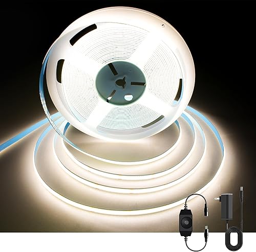 Tira de luces LED COB de 32.8 pies, 4000 K, regulable, alto CRI 93+ con adaptador de corriente, tiras de luz flexibles para dormitorio, habitación,