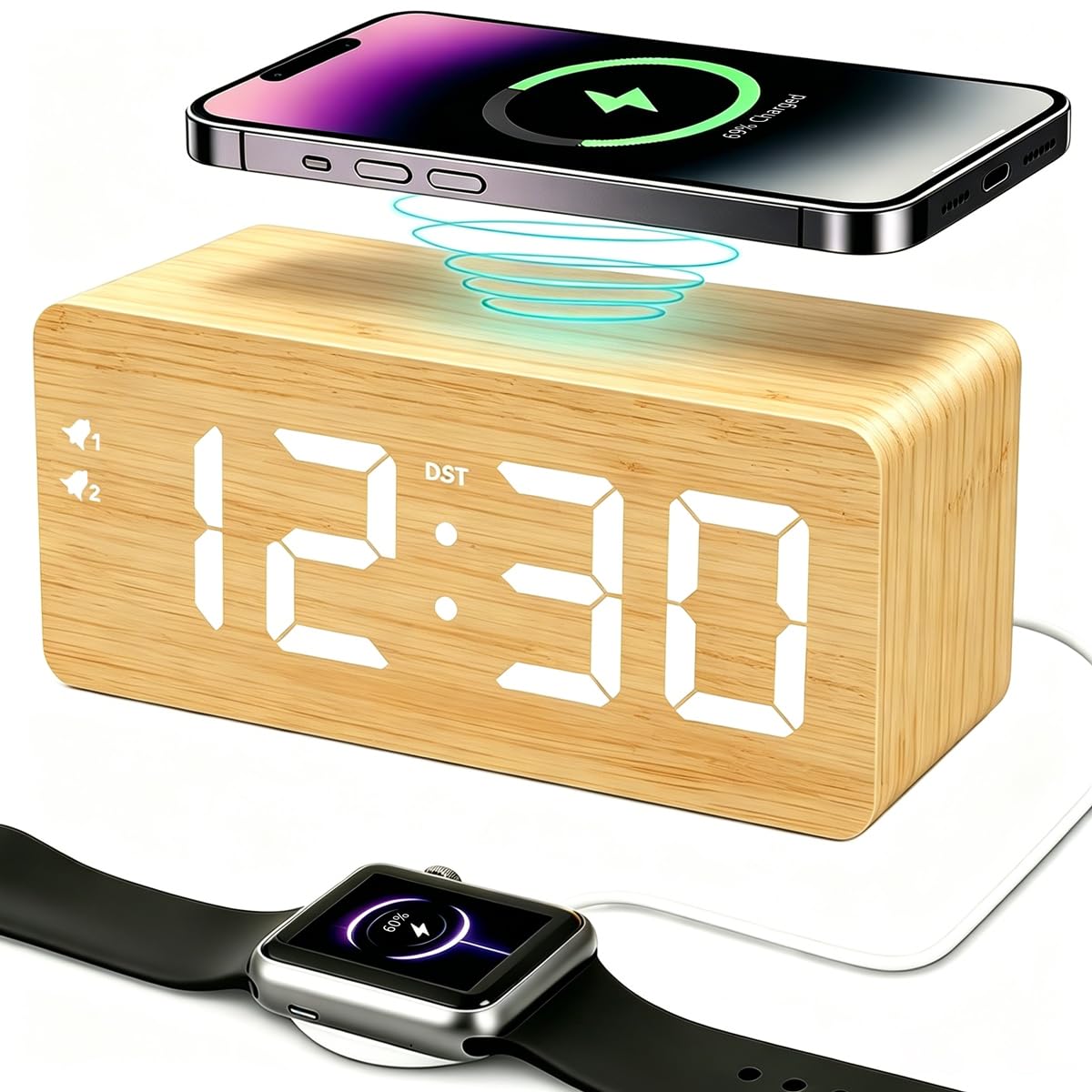 URAYCO Réveil numérique en bois avec chargeur sans fil rapide 10 W, ports de charge USB, DST, intensité variable, répétition, grand affichage LED pour chambre, bureau, table de salon, table de chevet