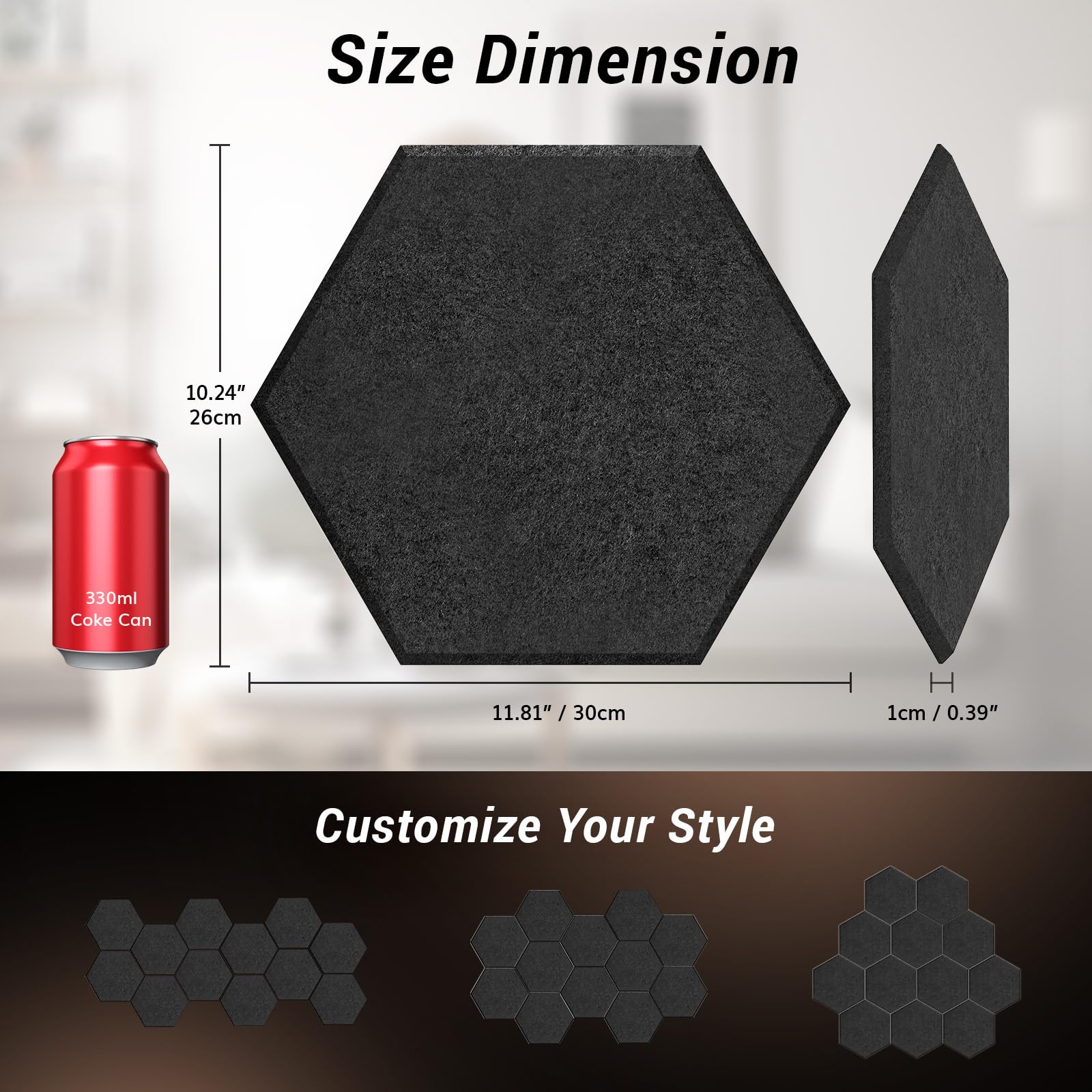 Hexagon Akustikpaneele selbstklebend 18 Stücke, TONOR Schallabsorber Schallschutz mit Hochdichte Wandfliesen Schalldämmung 30x26x1 cm für Studio, Büro, Akustische Behandlung und Gaming deko, Schwarz