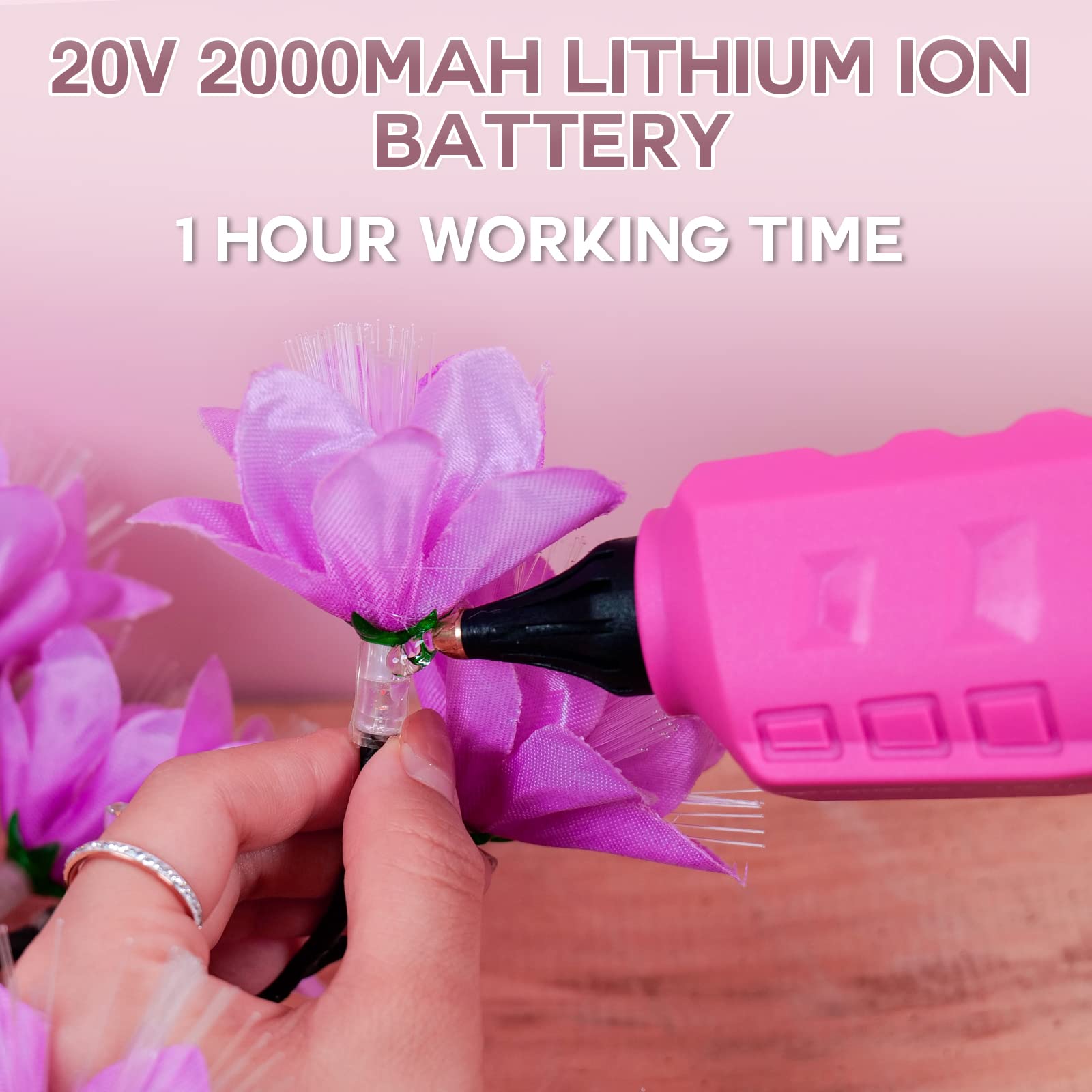 Pistola per colla a caldo, 20 V, rosa, senza fili, con 30 bastoncini di colla a grandezza naturale, batteria ricaricabile da 2 Ah, kit per fai da te, arti e artigianato, decorazioni, regalo per donne