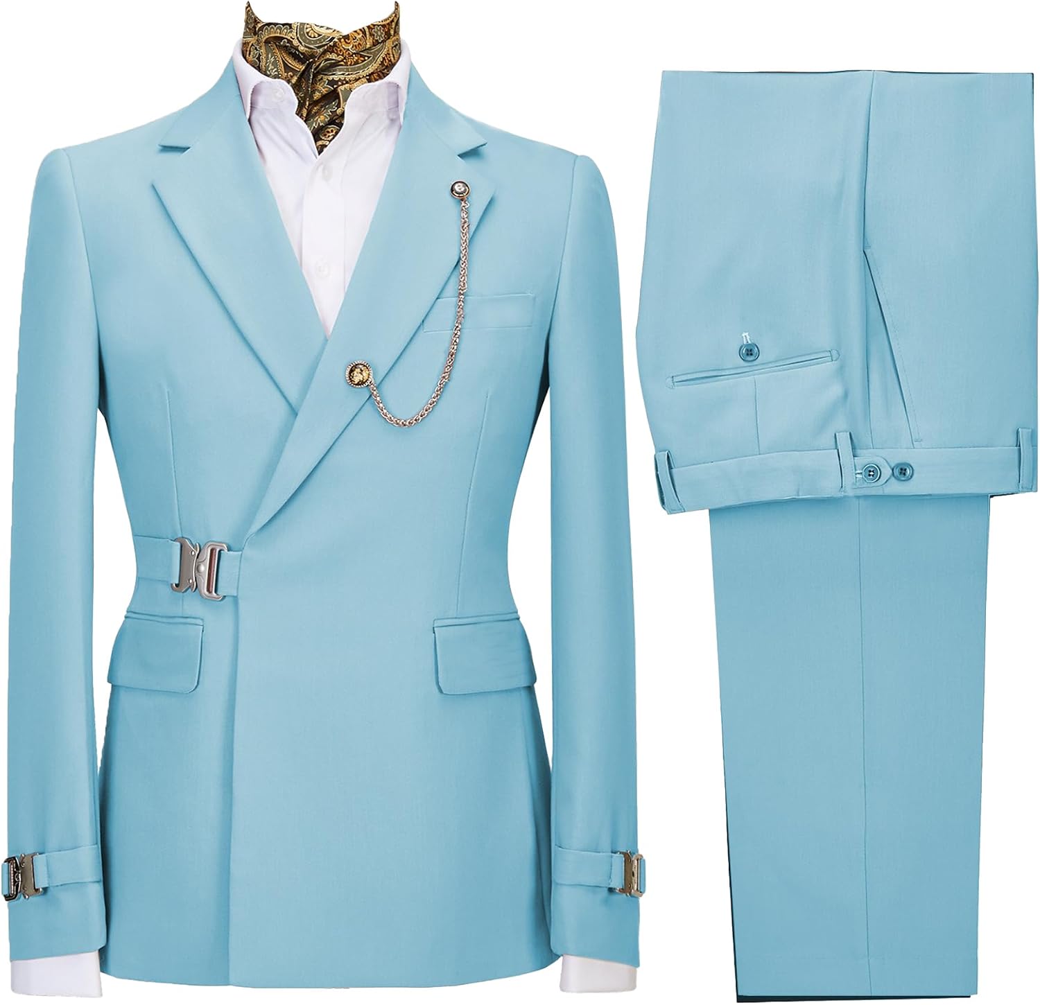 Men's 2 Piece Business Leisure Fashion Slim Suit Double Breasted Prom Tuxedo Suits Party Wedding Solid Blazer Pants (Light Blue 3,US Size S=Aisa M)