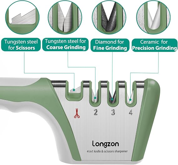 longzon 5-in-1 Knife Sharpener 4 Stage with Cut-Resistant Glove, Quickly Sharpens & Restores Dull Blades, Easy & Safe for Home Kitchen Use, Fits Most Knives and Scissors, Grey+Green