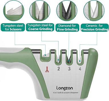 longzon 5-in-1 Knife Sharpener 4 Stage with Cut-Resistant Glove, Quickly Sharpens & Restores Dull Blades, Easy & Safe for Home Kitchen Use, Fits Most Knives and Scissors, Grey+Green