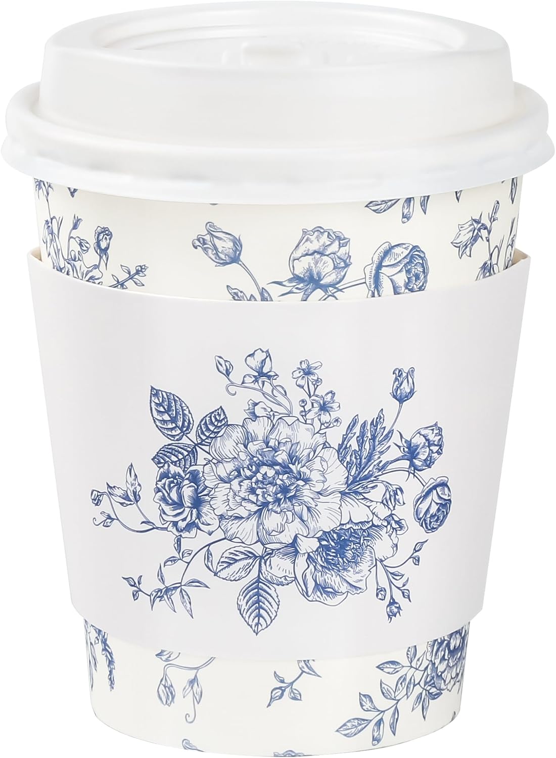 50Pcs Blue Floral Disposable Coffee Cups with Lids and Sleeves 8oz