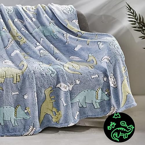 Miniatura 2 de FAITH HOPE LOVE HOME DÉCOR Manta cósmica de ultra felpa que brilla en la oscuridad 50 x 60 pulgadas  Blue Dino Pals