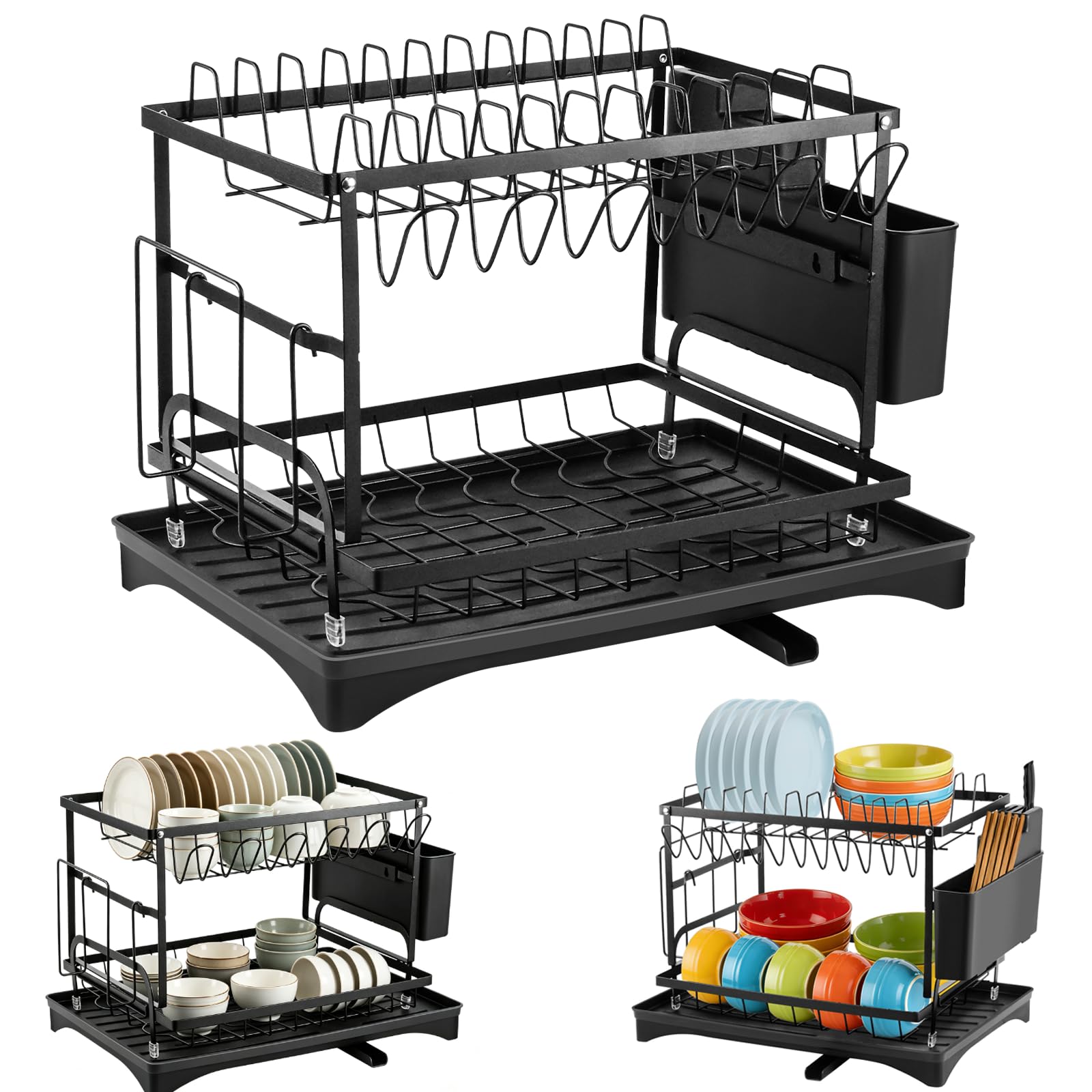 VickyHome Dish Drainer Rack Carbon Steel 2 Tier Dish Drainer Rack for Kitchen Sink, Anti Rust Wide Plate Bowl Draining Washing Up Holder, Drip Tray, 360° Swivel Drainage Spout, Space-Saving, Black