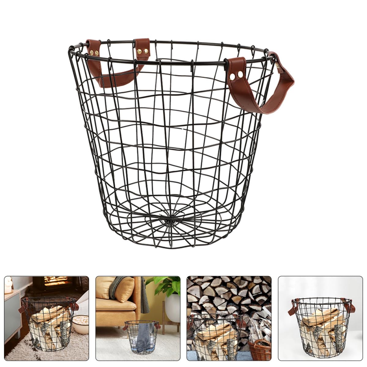 Cesto Rotondo Grande Capacità per Legna con Manico in Ferro e Design Rustico Stile Country per Uso Domestico e Campeggio