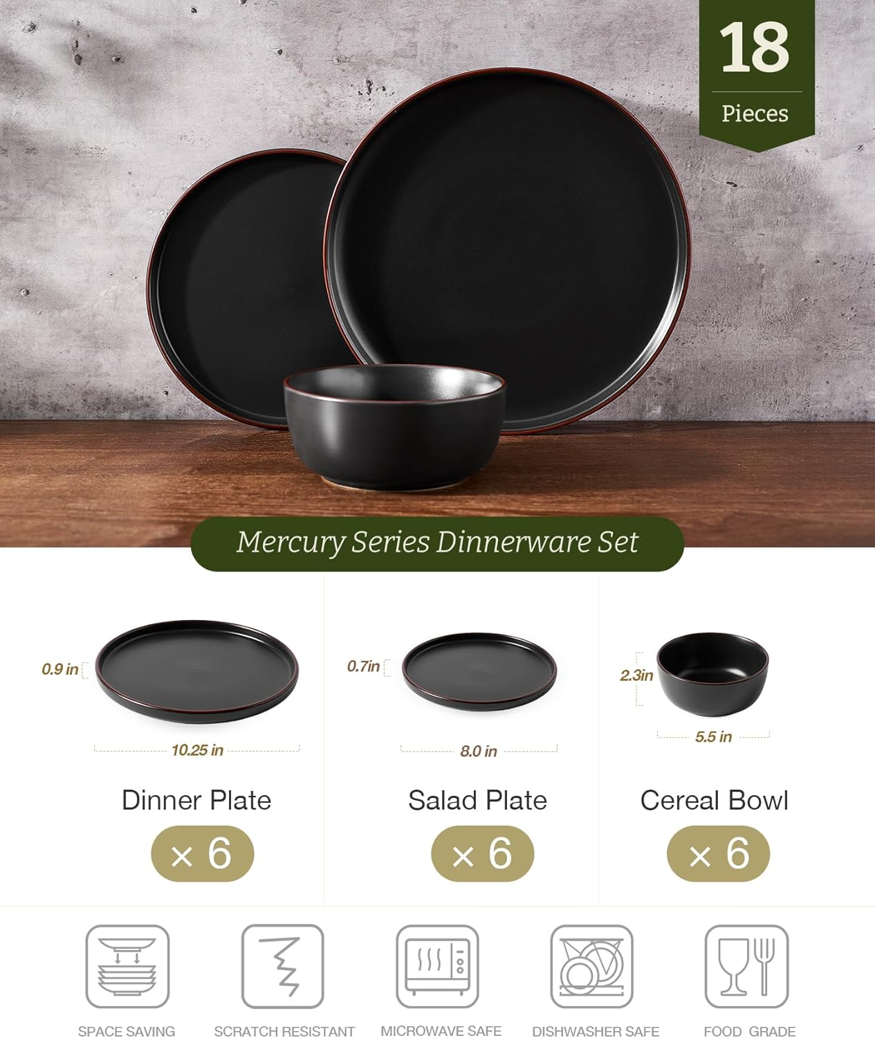 Famiware Mercury Plates and Bowls Sets, 18 Pieces Stoneware Dinnerware Sets, Dishes Set for 6, Microwave and Dishwasher Safe, Matte Black - Image 2