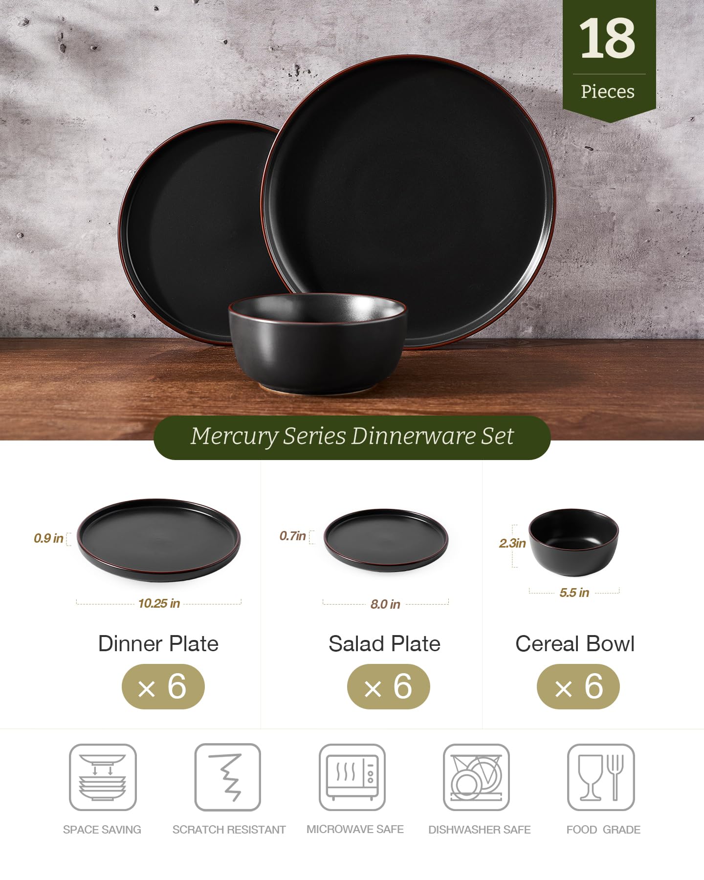 Famiware Mercury Tafelservice aus Steingut, 18-teilig, Mattschwarz