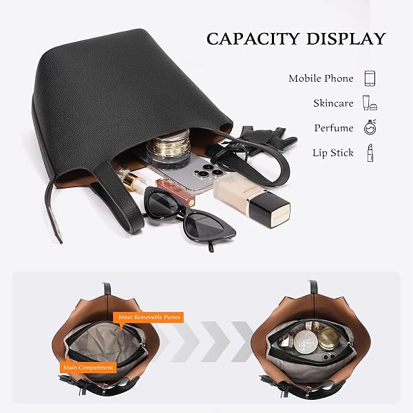 Tote Bag for Women Vegan Leather Bucket Purse for Women Top Handle Handbag Shoulder Bag with Detachable Small Purse - 5