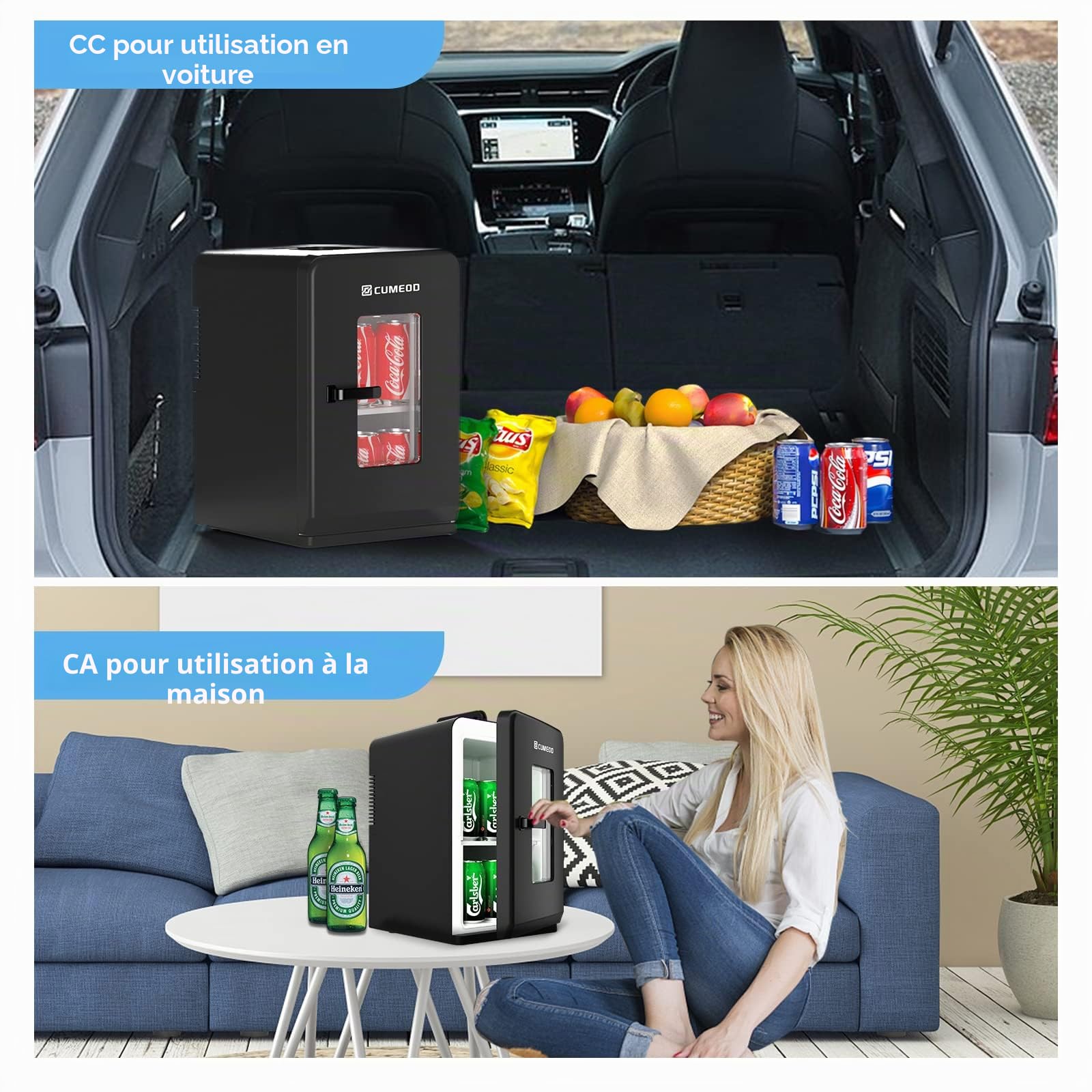 Cumeod Mini Frigo de Chambre, 15L /21 Canettes 330ml, 12V DC/220V AC Petit Frigo Cosmetique avec Fonction Chaud/Froid Pour Aliments, Boissons, Cosmétiques, Mode Max et ECO(Noir)