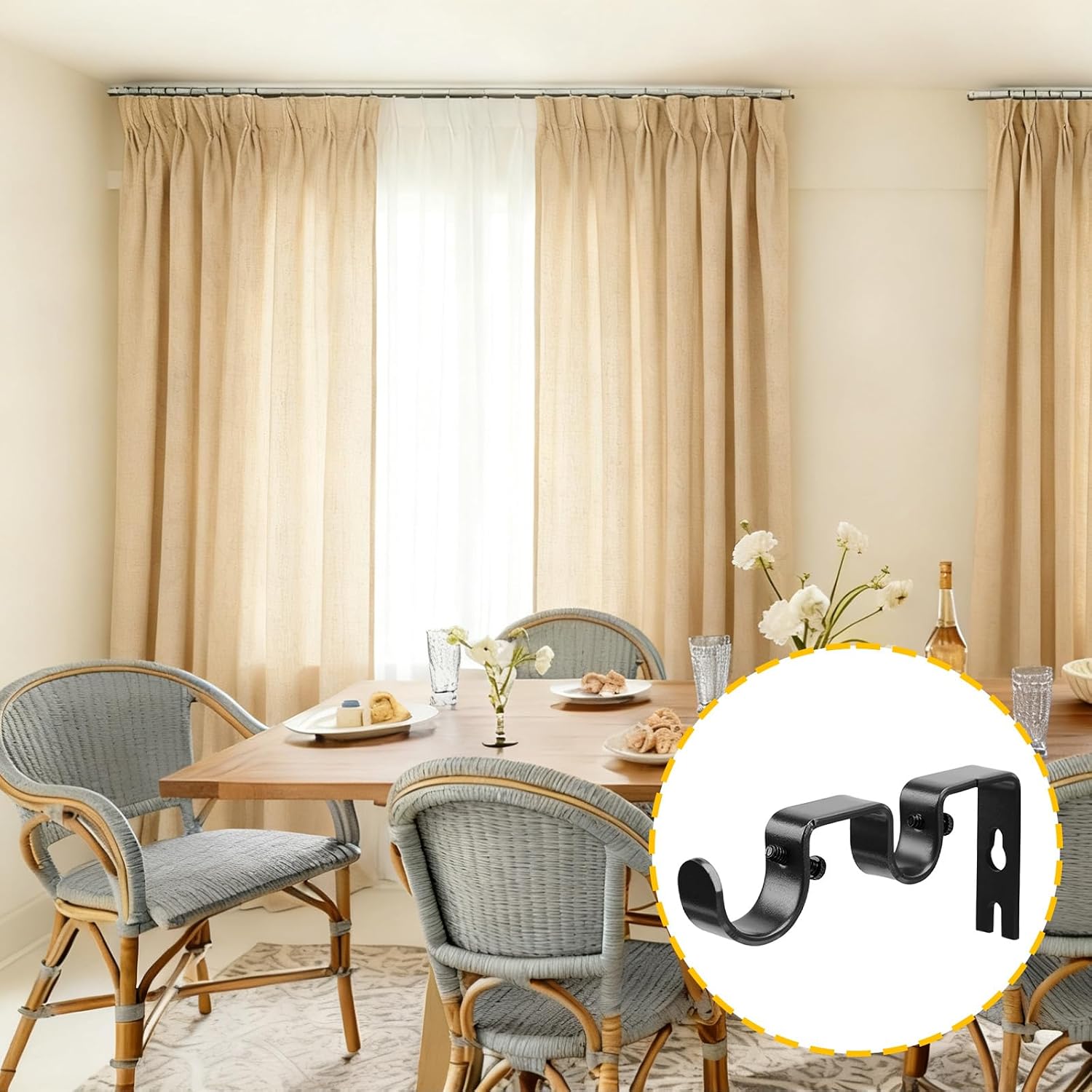 Double Curtain Rod Bracket,2 Pack Metal Curtain Rod Hooks for Wall,Sturdy Curtain Rod Brackets with Screws,Black Wall Mounted Curtain Rod Holders for Bedroom Living Room Office