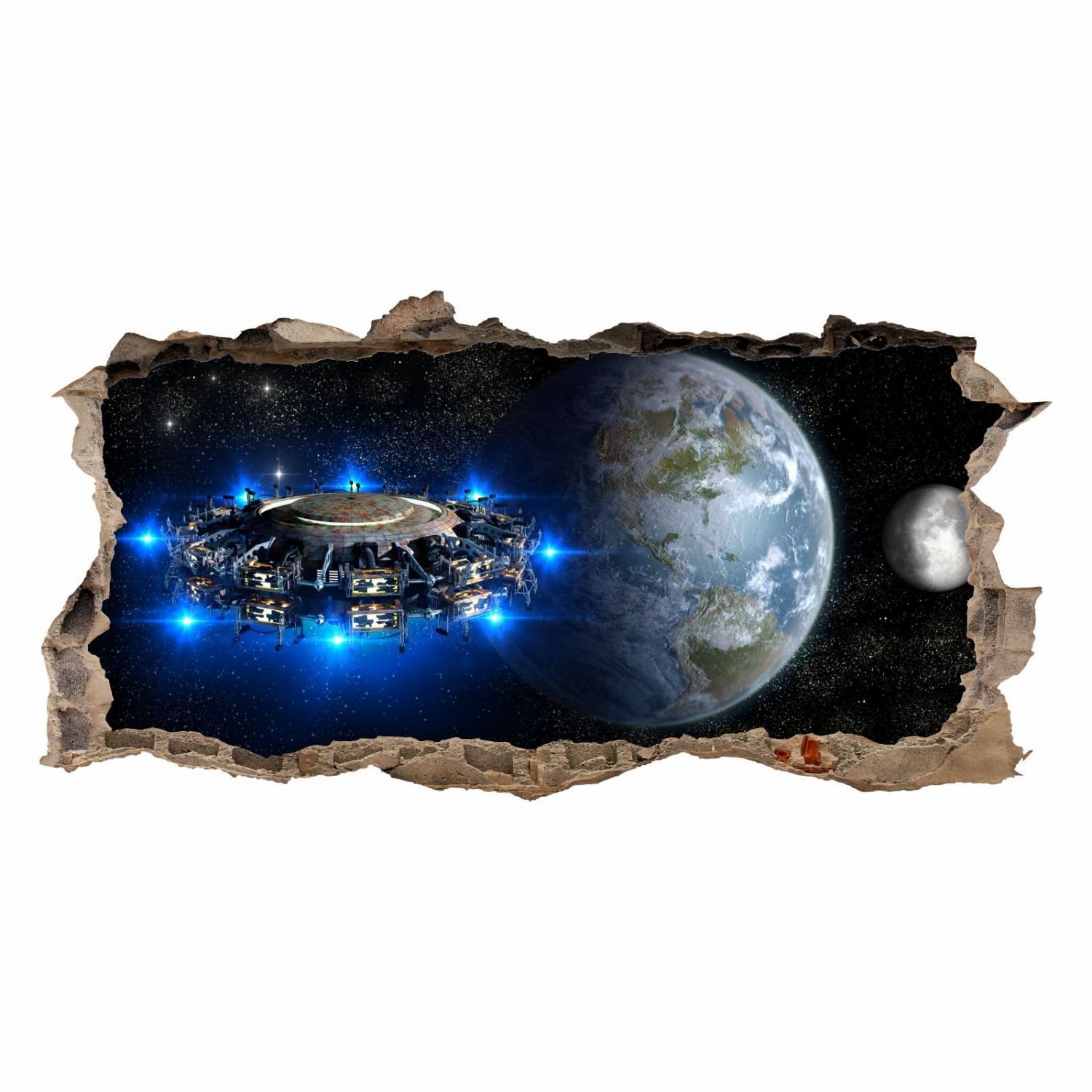 nikima – 067 Adesivo da parete con nave spaziale alieno – foro nella parete – Stazione spaziale del mondo galassia – in 6 misure – Adesivo da parete per cameretta bambini, Multicolore, 2000 x 1000 mm