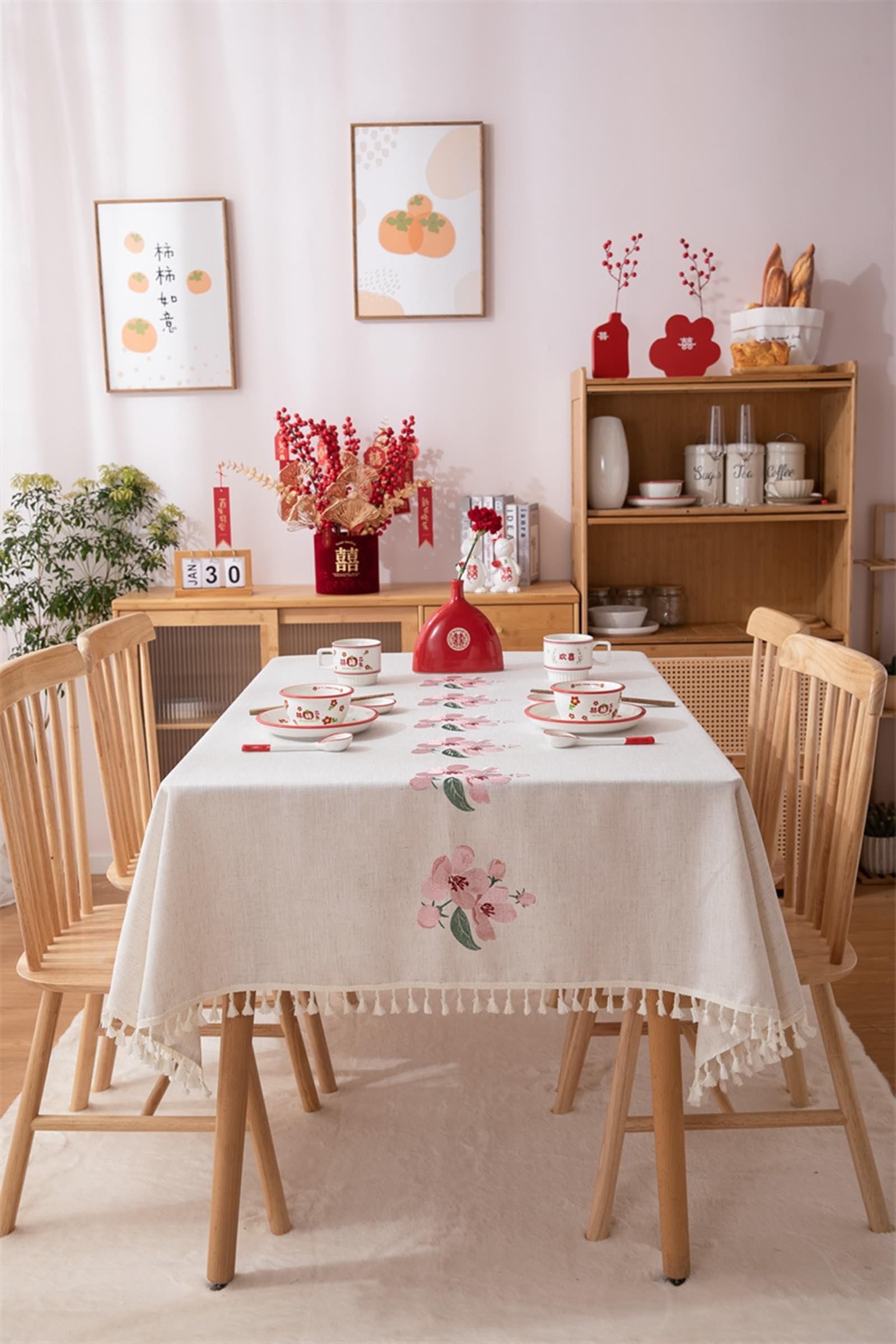 Mantel Mesa Rectangular Antimanchas, 140 x 200 cm, Beige Rosa, Mantel de Poliéster Flor con Borla