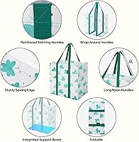 Vista 3 de BALEINE 4 PK Bolsas de supermercado reutilizables con fondo reforzado, bolsas de compras plegables resistentes (Trébol)