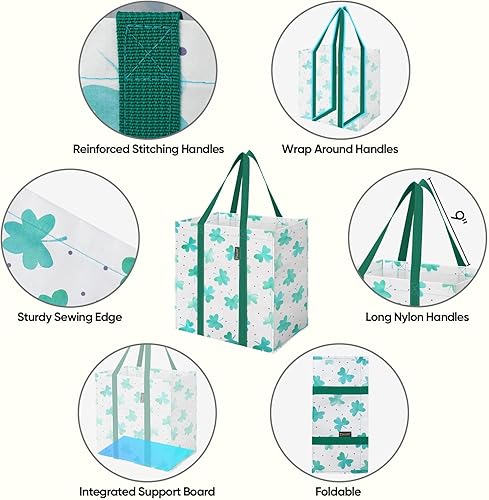 Miniatura 3 de BALEINE 4 PK Bolsas de supermercado reutilizables con fondo reforzado, bolsas de compras plegables resistentes (Trébol)