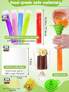 Ice Popsicle Molds Kit with 3 Reusable Silicone Molds/100 Disposable Ice Popsicle Mold Bags+Wooden Stick, Complete with Cleaning Brush, Funnel,5Recipe Card and more,for DIY Fruit Bars, Cake Popsicles