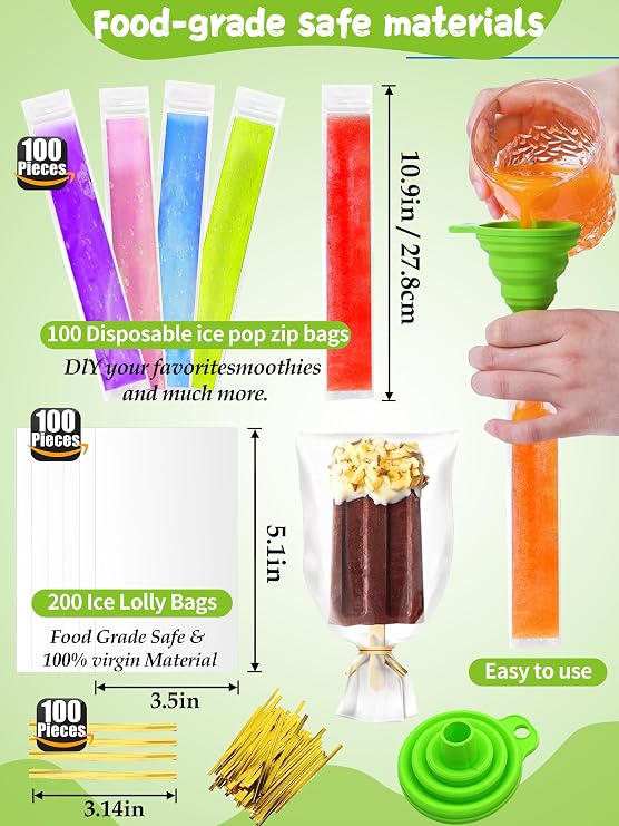 Ice Popsicle Molds Kit with 3 Reusable Silicone Molds/100 Disposable Ice Popsicle Mold Bags+Wooden Stick, Complete with Cleaning Brush, Funnel,5Recipe Card and more,for DIY Fruit Bars, Cake Popsicles
