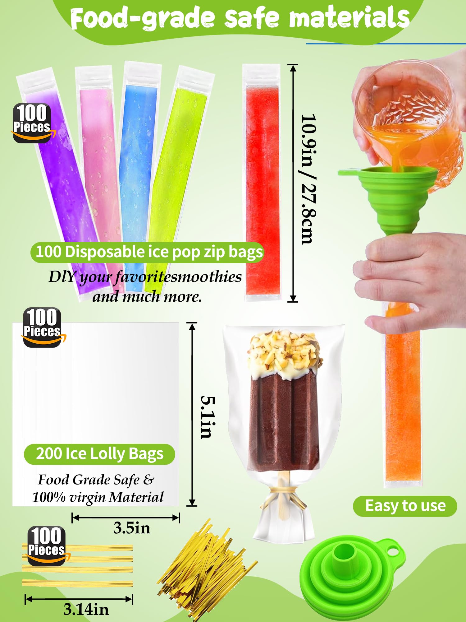 Ice Popsicle Molds Kit With 3 Silicone Molds, 100 Bags, Sticks & More | DIY Frozen Treats, Cake Popsicles, Fruit Bars | BPA-Free & Easy Clean